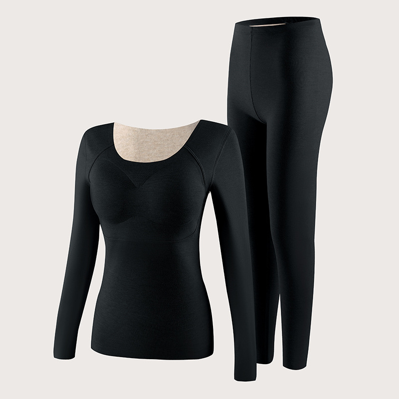 Top cálido de felpa de oveja, pelo cepillado de doble cara, almohadilla tropical para el pecho, pantalones de manga larga, traje cálido, ropa de otoño, pantalones largos