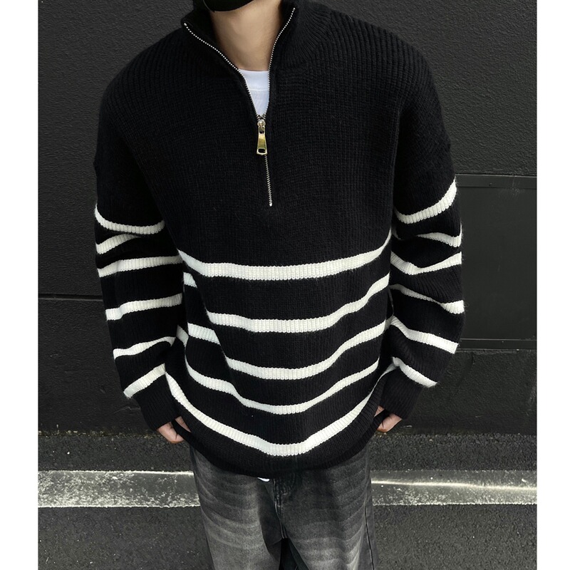 Korean Style Half-Zip Mid-High Collar Knitwear Men's Stripesd Slim Long-Sleeved Sweatshirt Stand-Up Collar Pullover Knitwear Sea Soul Shirt Trendy