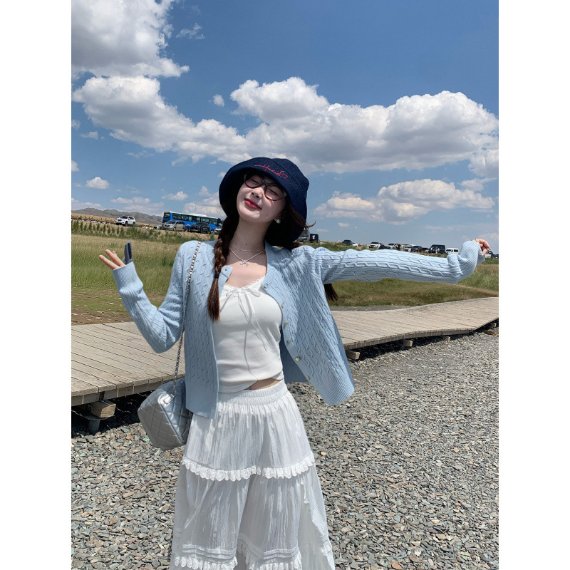 Blue Cable Knit Cardigan Sweater for Women, Early Autumn Outfit, 2026 New Spring/Autumn Korean Style Knit Top