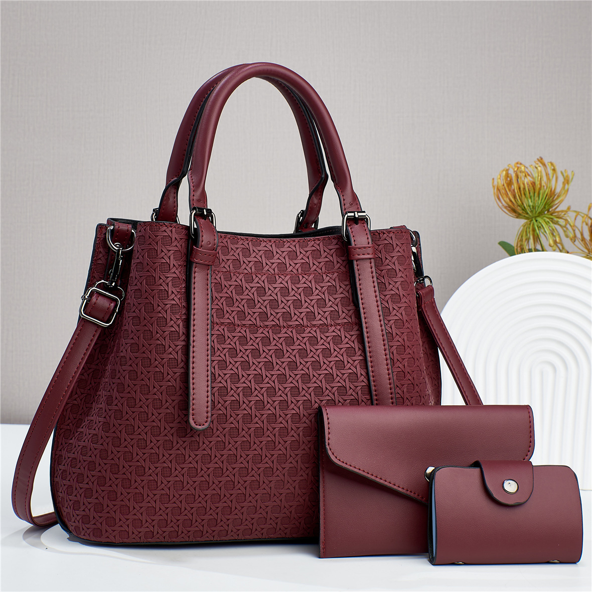 Top Handle Strap Type Bag Sets Bags Type Casual, Daily Occasion Women's Pu Leather Solid Color Elegant Bucket Zipper Bag Sets