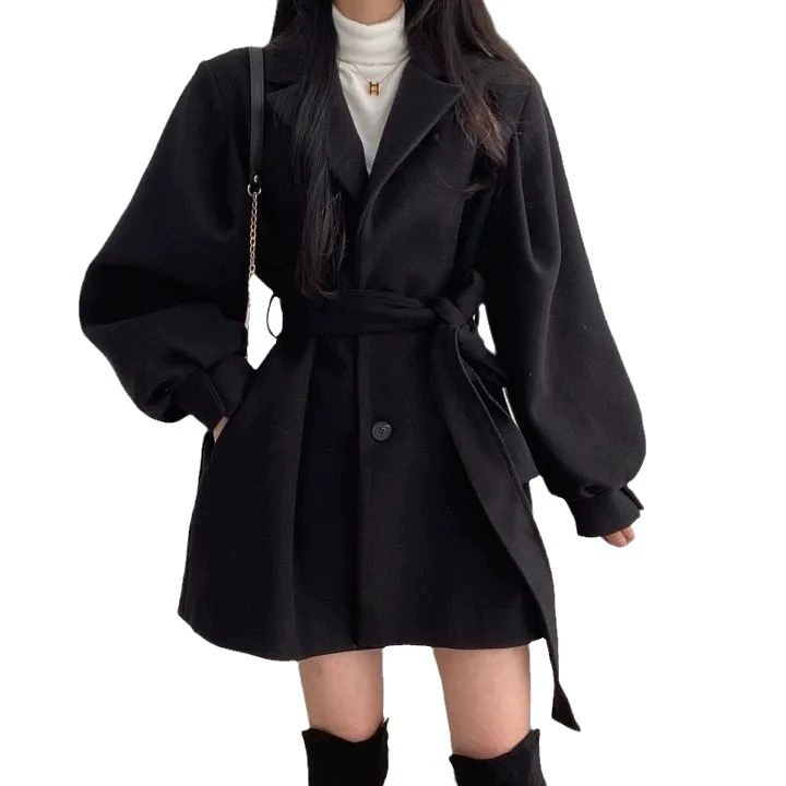 Short flashlight, fitted brace, belt, woolen coat, simple and elegant design, oversize
