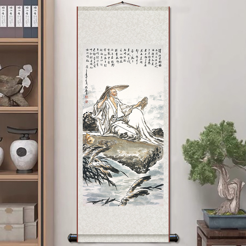 姜子牙渭水垂钓图姜太公挂画姜尚祖师挂轴供奉神像丝绸卷轴挂图
