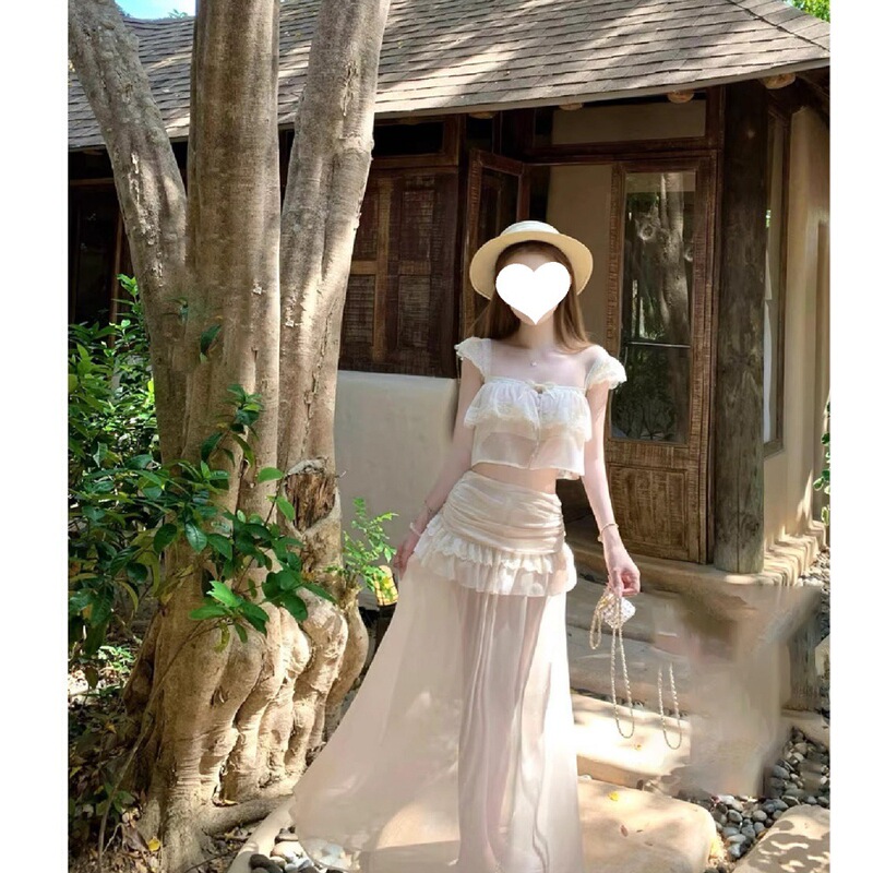 Chisanzansan 26/Ss Pink Coral Lace Short Top with Pleated Long Skirt/Short Skirt Fashionable Set Chisanzansan 26/Ss Pink Coral Lace Short Top with Pleated Long Skirt/Short Skirt Fashionable Set