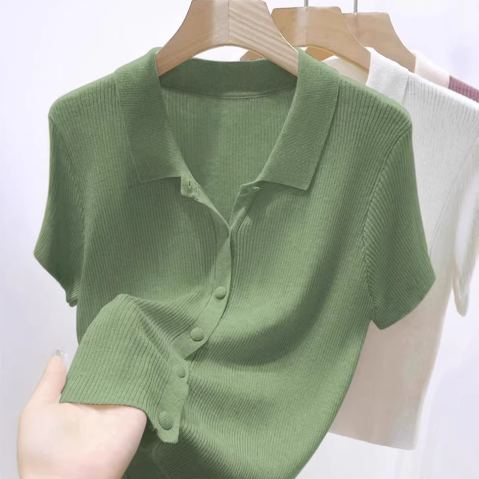 老钱风绿色Polo领针织开衫女2026年夏季新款宽松显瘦短袖T恤上衣