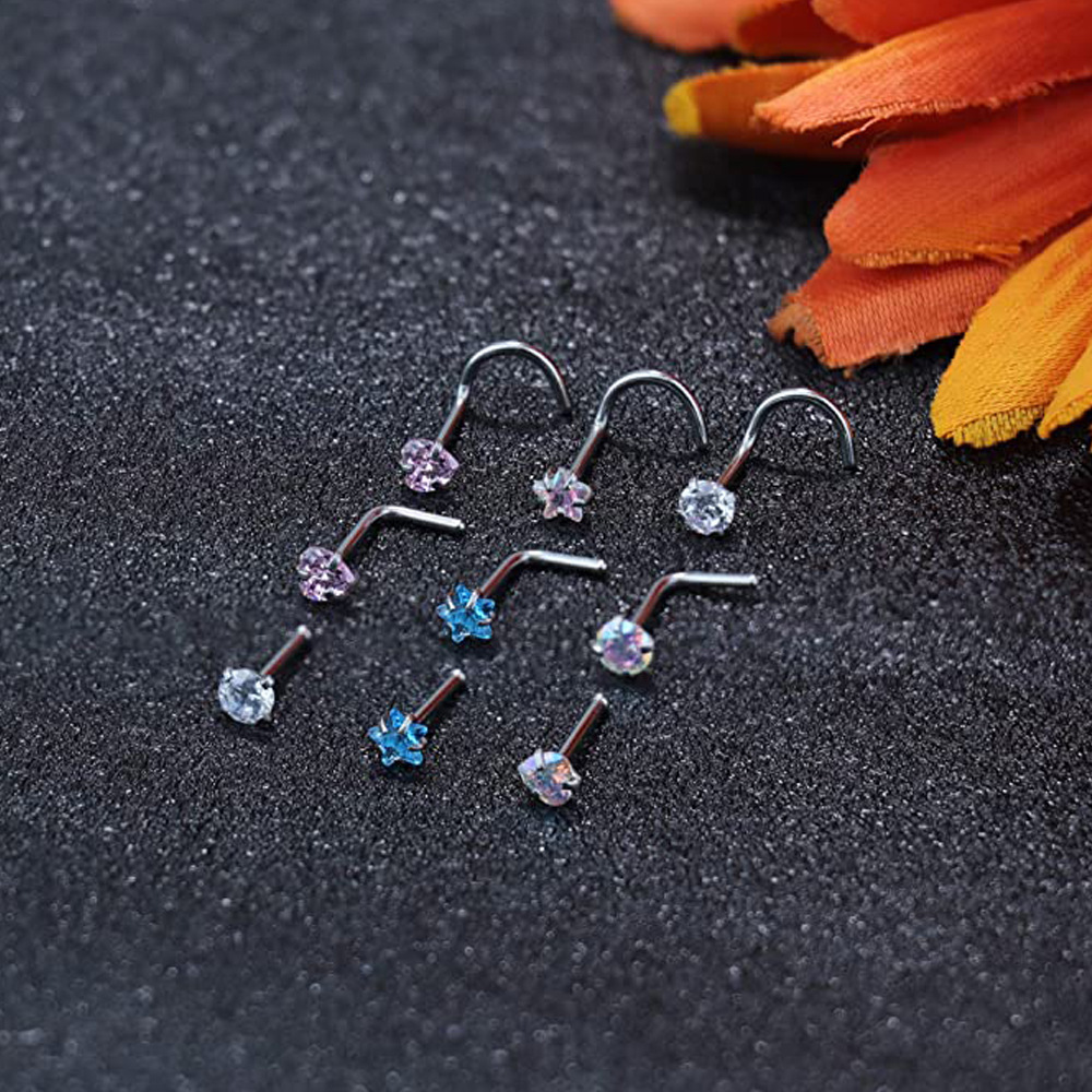 Titanium Steel Curved Stud Five-Pointed Star Square Heart L S Rod Ring Mini Inlaid Stone Girl Facial Nose Jewelry_voghion.com