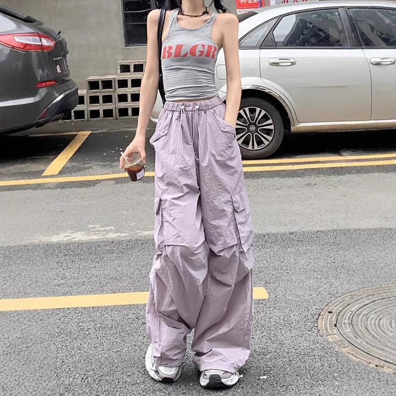 Dopamine Purple Cargo Pants Women Summer Thin Quick-Dry Sun Protection Casual Sports Straight Wide-Leg Pants