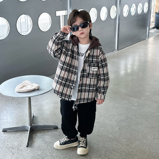 Boys' Winter Plaid Outwear Hooded Quilted Jacket New Kidsren's Thickeneded Warm Windproof Woolen Cotton Clothes