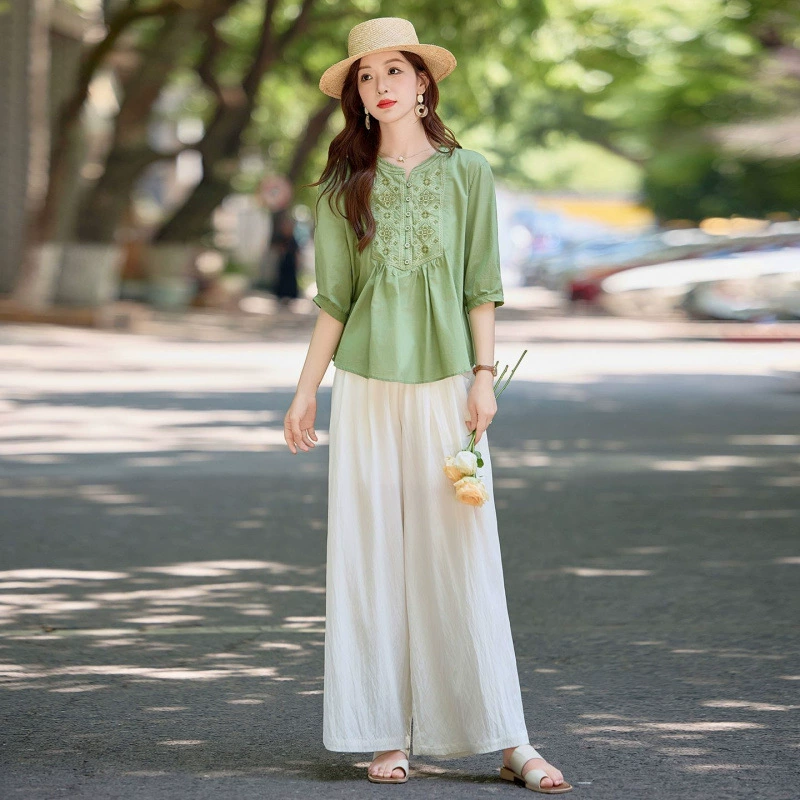 Новый китайский стиль хлопково-льняной костюм для женщин 2025 лето новая женская одежда национальный стиль повседневные свободные ретро широкие брюки комплект из двух предметов