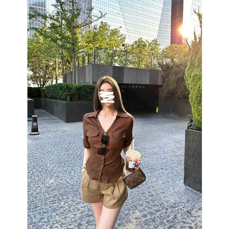 Morning Collar [Original Quality] Women's Shirt with Regular Shoulder, Waist-Cinching, Mid-Sleeve, Hot Girl Style, Back Tie, Waist-Cinching, Polo Collar