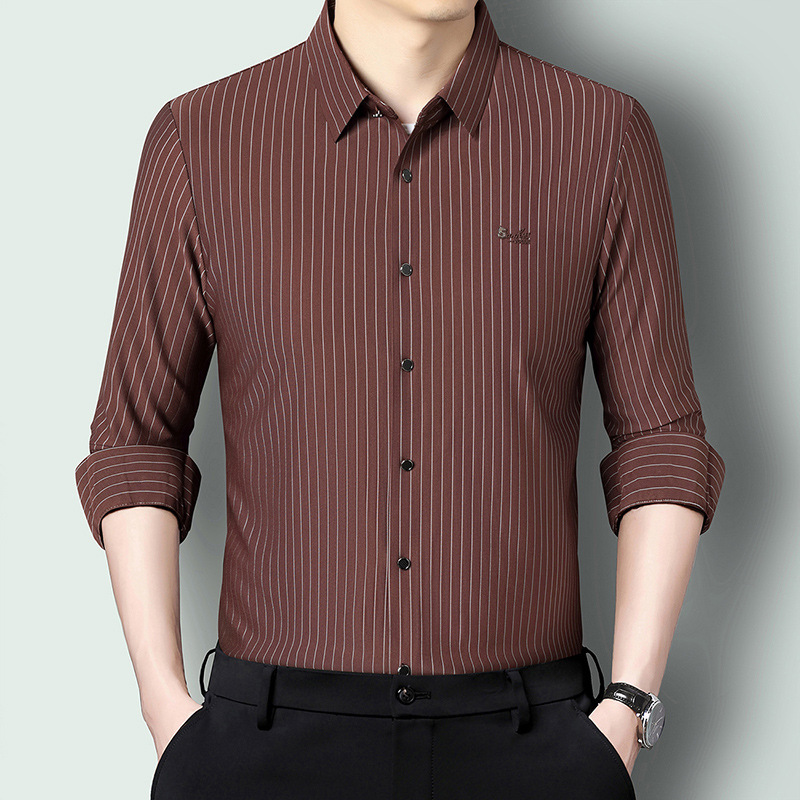 Spring Stretch Shirt Men's Long-sleeved Striped Mulberry Silk Non-marking Non-ironing Slim-fit Korean Style Business plus size Ice Silk Shirt