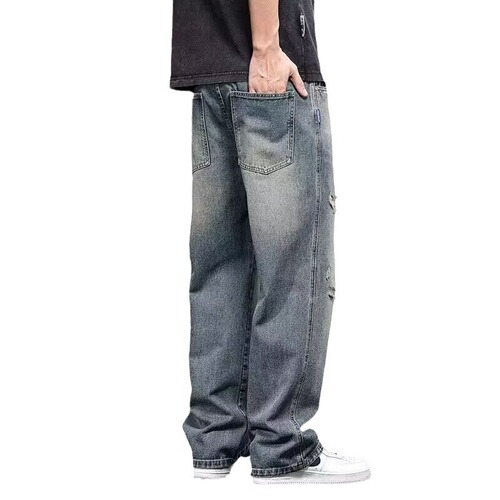 American-style ripped jeans for men, summer new straight-leg loose wide-leg casual pants, washed long pants for men