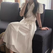 韩国chic2024夏新品法式气质小众一片式百褶收腰衬衫泡泡袖连衣裙