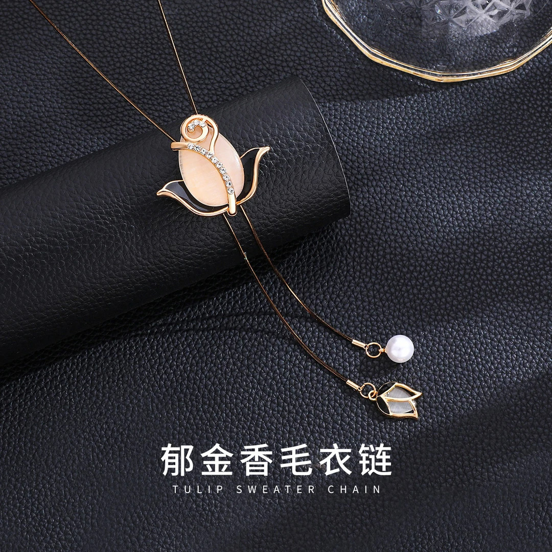 Collar Largo para Suéter con Borla y Perlas de Aleación para Otoño e Invierno