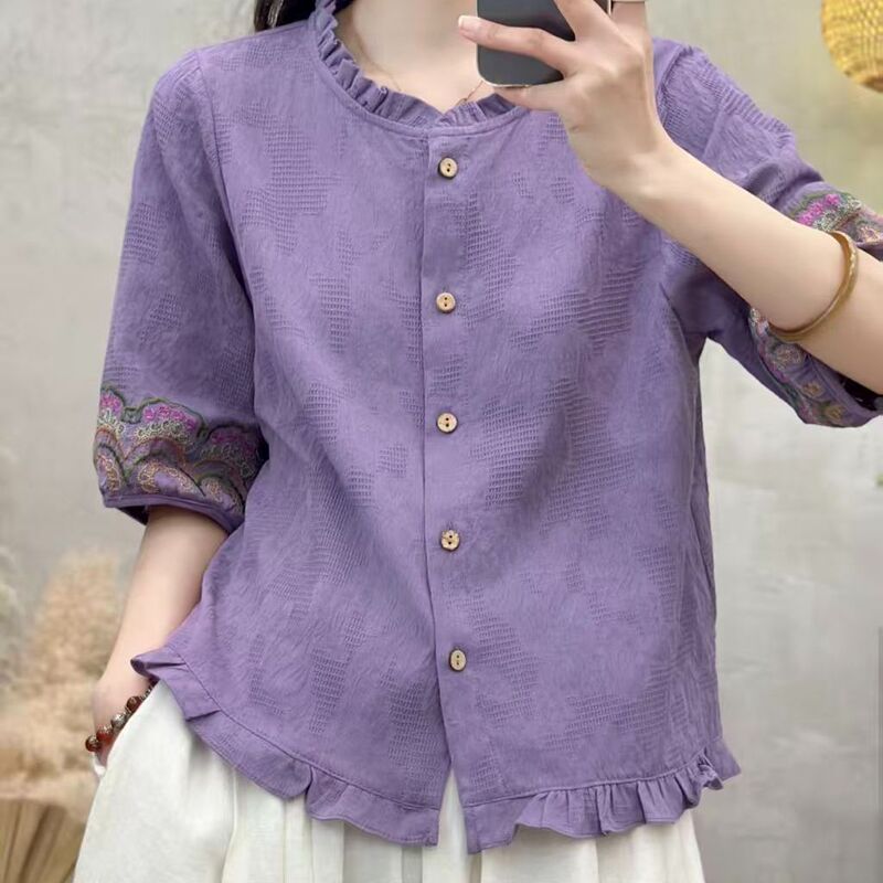 Cotton and Linen Summer New Style Chinese-Style Gauze Cotton Half-Sleeve Shirt with Embroidery, Artistic Retro Ruffled Edge, Fashionable Jacquard Top