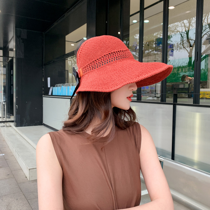 2021 new pattern knitting Empty top hat summer Sunscreen bow Dayan Mao Sunscreen Straw hat outdoors Visor