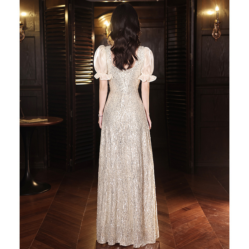 Vestido de noche de lentejuelas para mujer, vestido largo estilo francés para anfitriona, banquete, fiesta, ropa de noche, reunión anual de la empresa.