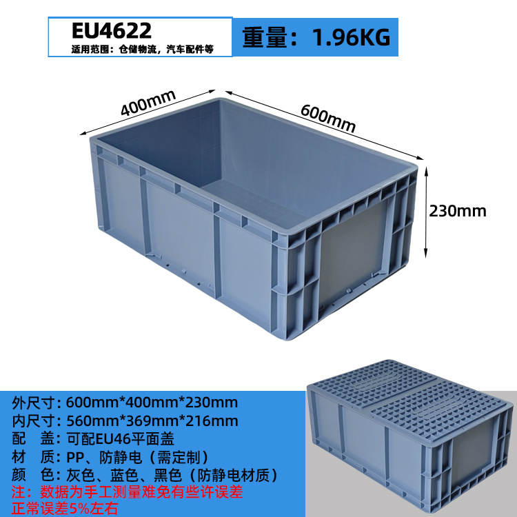 Caja logística plegable de plástico rectangular gris / azul con cubierta de la UE Caja de transporte de almacenamiento de transferencia de plástico