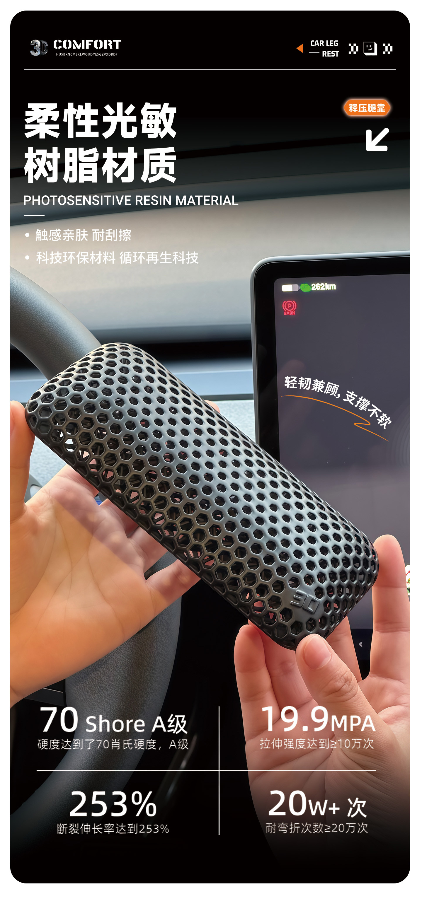 3D printed car leg cushion, door center console knee protection pad, active cooling for long-distance driving without sweating