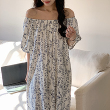 绿色清新少女春夏天睡裙女卡通可爱小狗印花一字领两穿棉绸睡衣薄