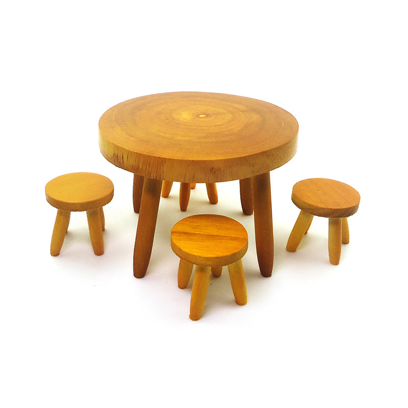 1:12 Dollhouse Accessories Dollhouse Mini Retro Solid Wood Table and Chairs Living Room Outdoor Scene 4 Stools Round Table