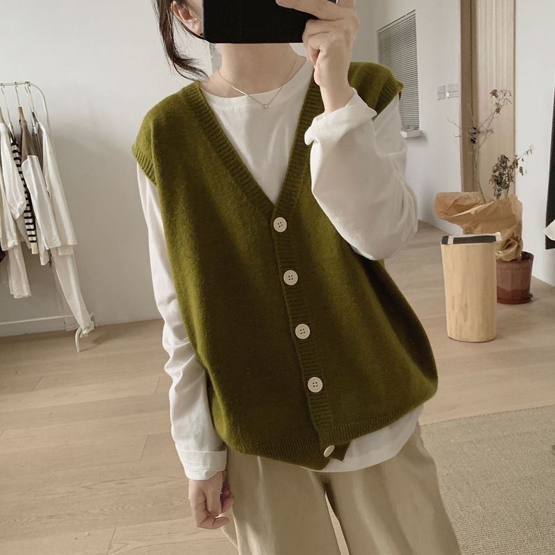 韩系宽松休闲v领马夹针织背心女秋季洋气减龄马甲外套女外搭开衫|undefined