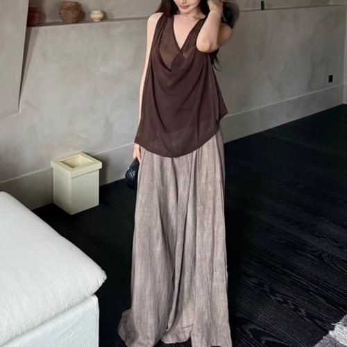 Pure Desire Style Set French Swing Collar V-Neck Top for Women Summer Fashion New Retro Casual Wide Leg Pants Two-Piece Set