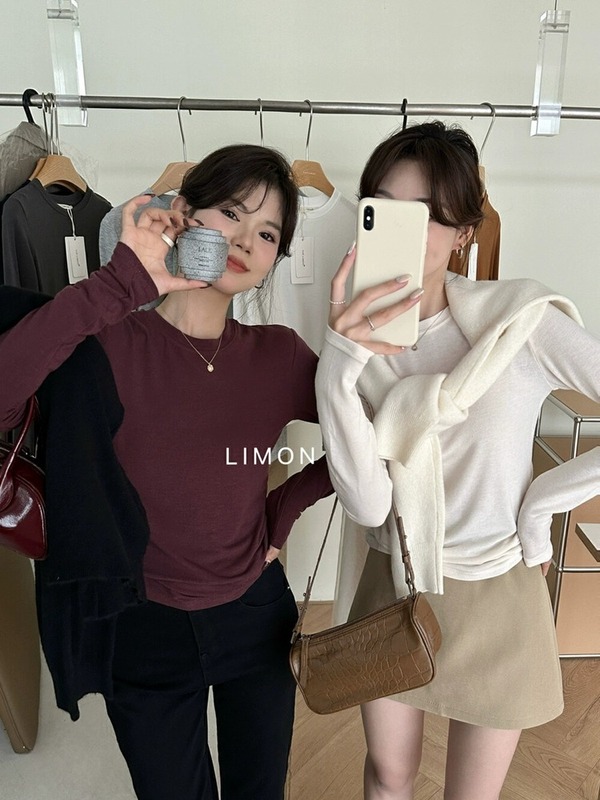 高弹软糯灰色圆领长袖正肩打底衫女秋冬感内搭打底T恤女上衣|undefined