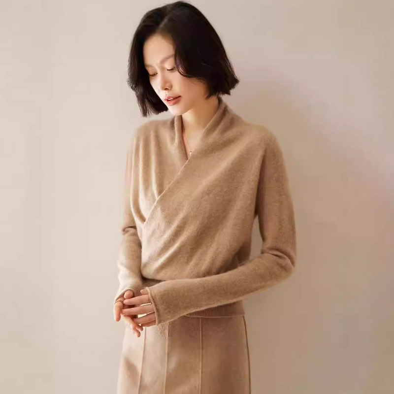 Cross V Neck Cashmere Sweater for Women 2025 Autumn and Winter New French Nightgown Type Outer Knitted Bottoming Sweater Lazy Sweater