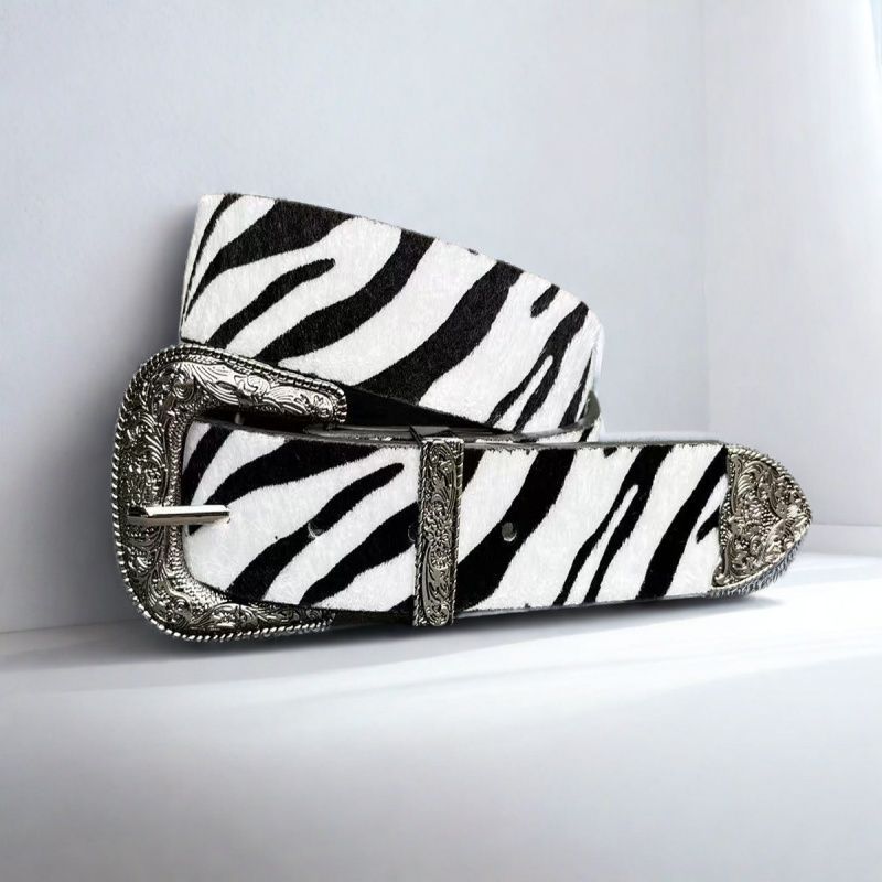 Cinturón vaquero occidental con hebilla floral grabada, juego de tres piezas, diseño de crin de caballo con estampado de cebra, moderno y original.
