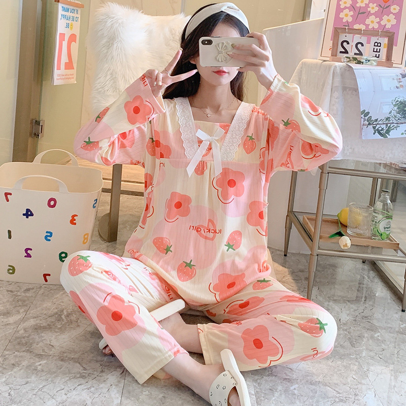 Foreign Trade Spring and Autumn New Pregnant Women Pajamas V-Neck Lace Fashion Breastfeeding Moon Dress Long Sleeve Home Suit