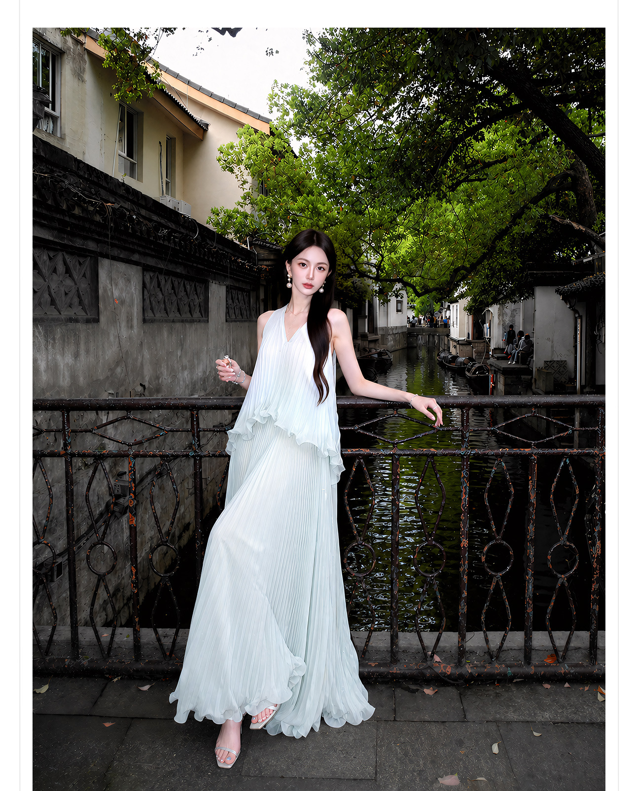 Đầm maxi nữ thắt eo voan mỏng phong cách Tân Trung Hoa mùa hè — bạc hà xanh chi tiết 7