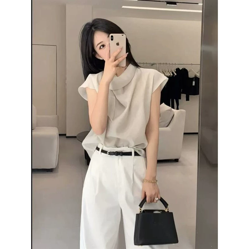 Французская шифоновая рубашка с короткими рукавами для женщин, летняя тонкая рубашка нового дизайна с воротником-нишевым ворсом и лентой