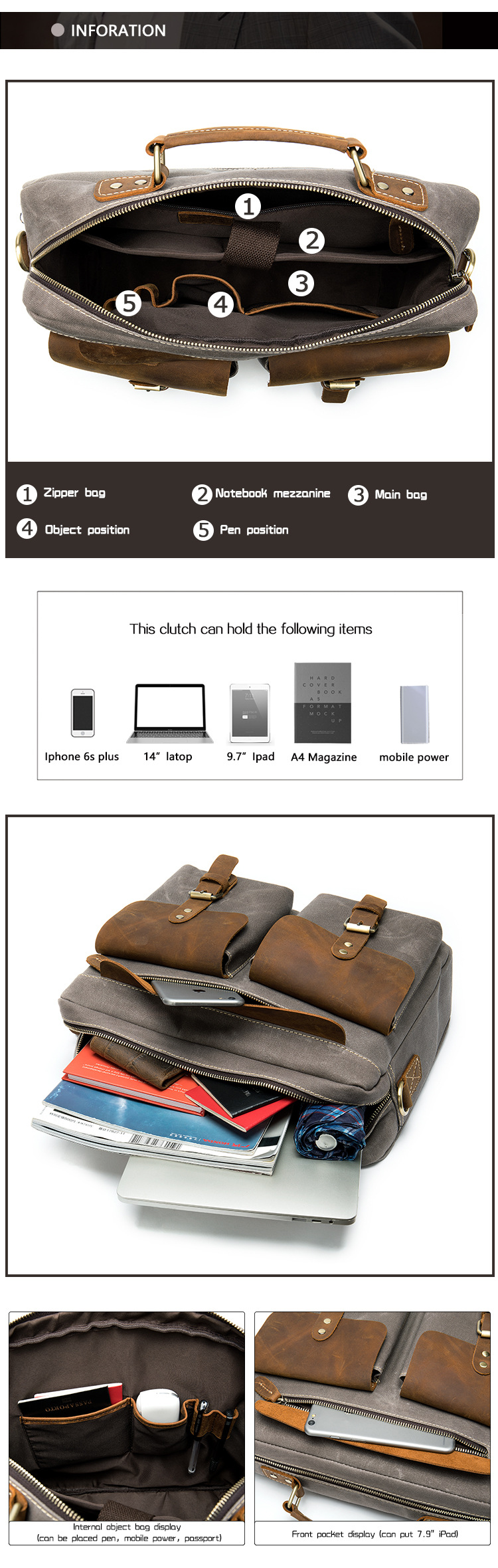 Túi đeo chéo nam da bò thật công sở, đựng laptop 14 inch, phong cách cổ điển — Đen Nâu Đậm, Màu nâu xám, Cà phê đậm màu nâu chi tiết 16
