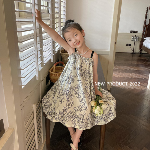 Emoobeibei Children's Summer Vacation Wind Dress for Girls and Babies, Stylish Full Print with Large Skirt Straps Beach Dress