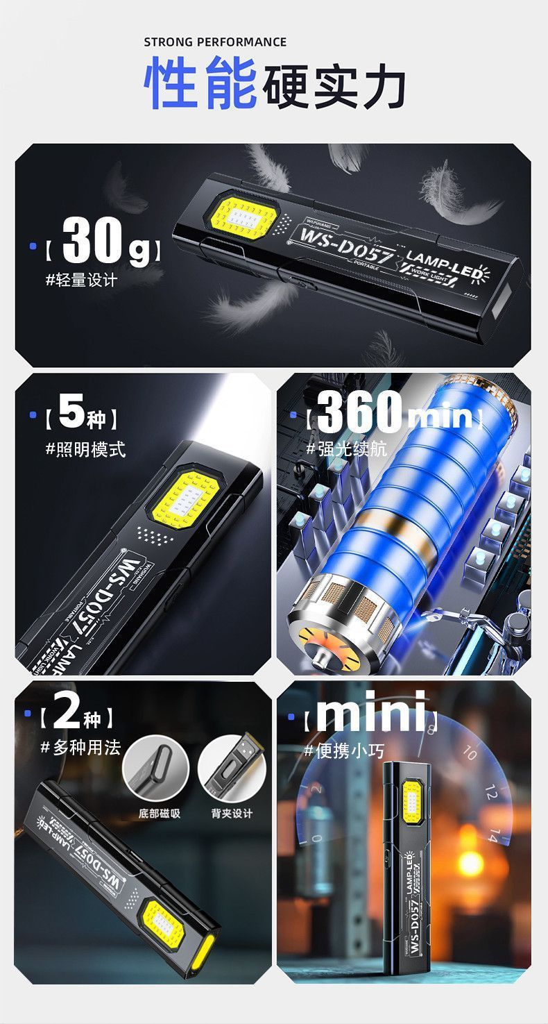 Popular work light flashlight, small portable LED magnetic strong light, rechargeable ultra-bright repair light for auto repair