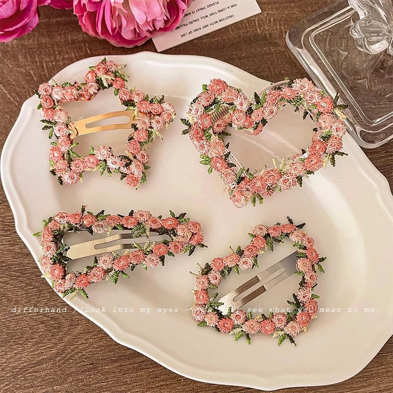 Dulces flores bordadas de primavera de alto valor visual BB clips atmósfera del corazón de una niña lateral clip de cabello de cabello de mujer