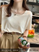 方领短袖t恤女装夏2025新款正肩亚麻白色大码胖mm显瘦棉麻小上衣