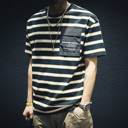 Trendy Summer Striped Short-Sleeve T-Shirt for Men, Loose Fit, Instagram-Worthy, Plus Size, Versatile Top – Perfect for Oversized Frames