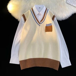V-Neck Knitted Vest Men's Spring and Autumn Hong Kong Style Fashionable Color-block Sweater Vest Korean-style Loose Outer Waistcoat Top