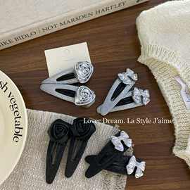 韩国新款银色蝴蝶结玫瑰花朵尖嘴bb夹发夹 时尚刘海夹侧边夹发饰
