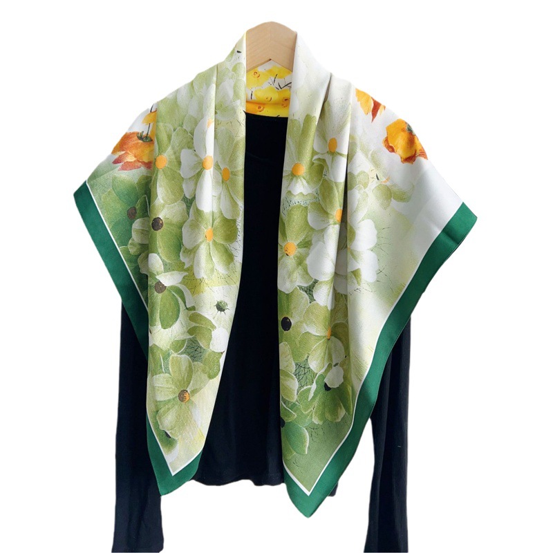 Bufanda cuadrada grande de 90 cm para mujer, estilo coreano elegante, de seda twill con estampado floral de moda, chal de protección solar para ropa exterior.