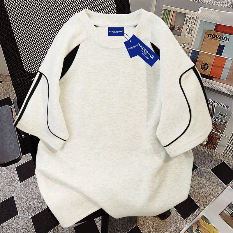 American Simple Stripesd Heavy Short-Sleeved T-Shirt Men's Summer New Ins Versatile Splicing Round Neck Loose Casual Top