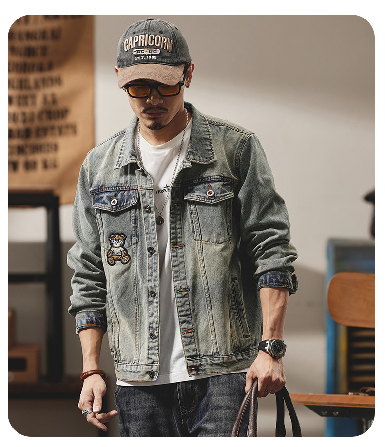 Giacca di jeans da uomo stile biker con ricami di lusso_voghion.com