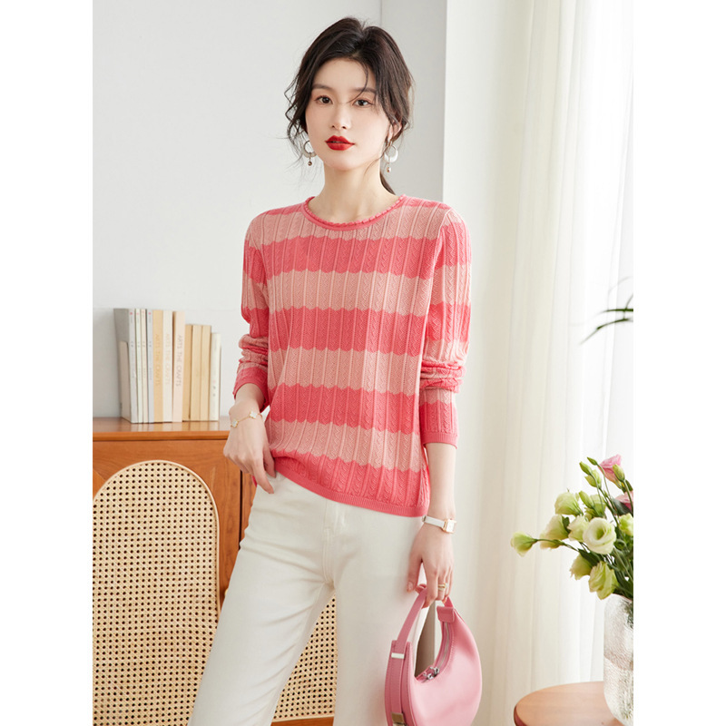 2026 New Spring and Autumn Knit Sweater, Loose Fit, Slimming Pullover Top for Women, Thick Striped Autumn T-Shirt, Base Shirt