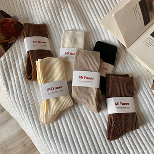 brown Wool Stacking Socks for Women Winter Solid Color Thickened Warm Dark Cashmere Socks Autumn and Winter Maillard Style