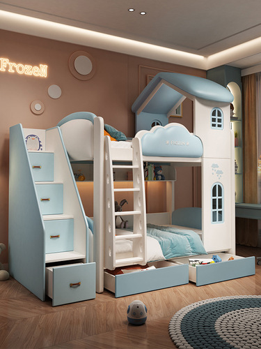 Children's bed, double-layer twin bed with same width for boys and girls, princess castle style, suitable for small households, low and high platform bed