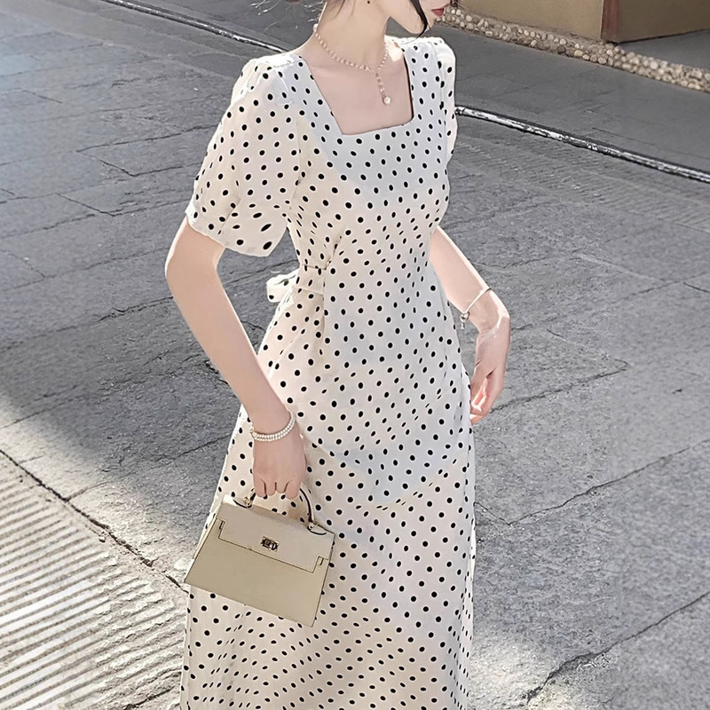 Hepburn Style French Square Neck Dress for Women 2023 Summer New Elegant Waist Slimming Look White Polka Dot Long Skirt Hepburn Style French Square Neck Dress for Women 2023 Summer New Elegant Waist Slimming Look White Polka Dot Long Skirt