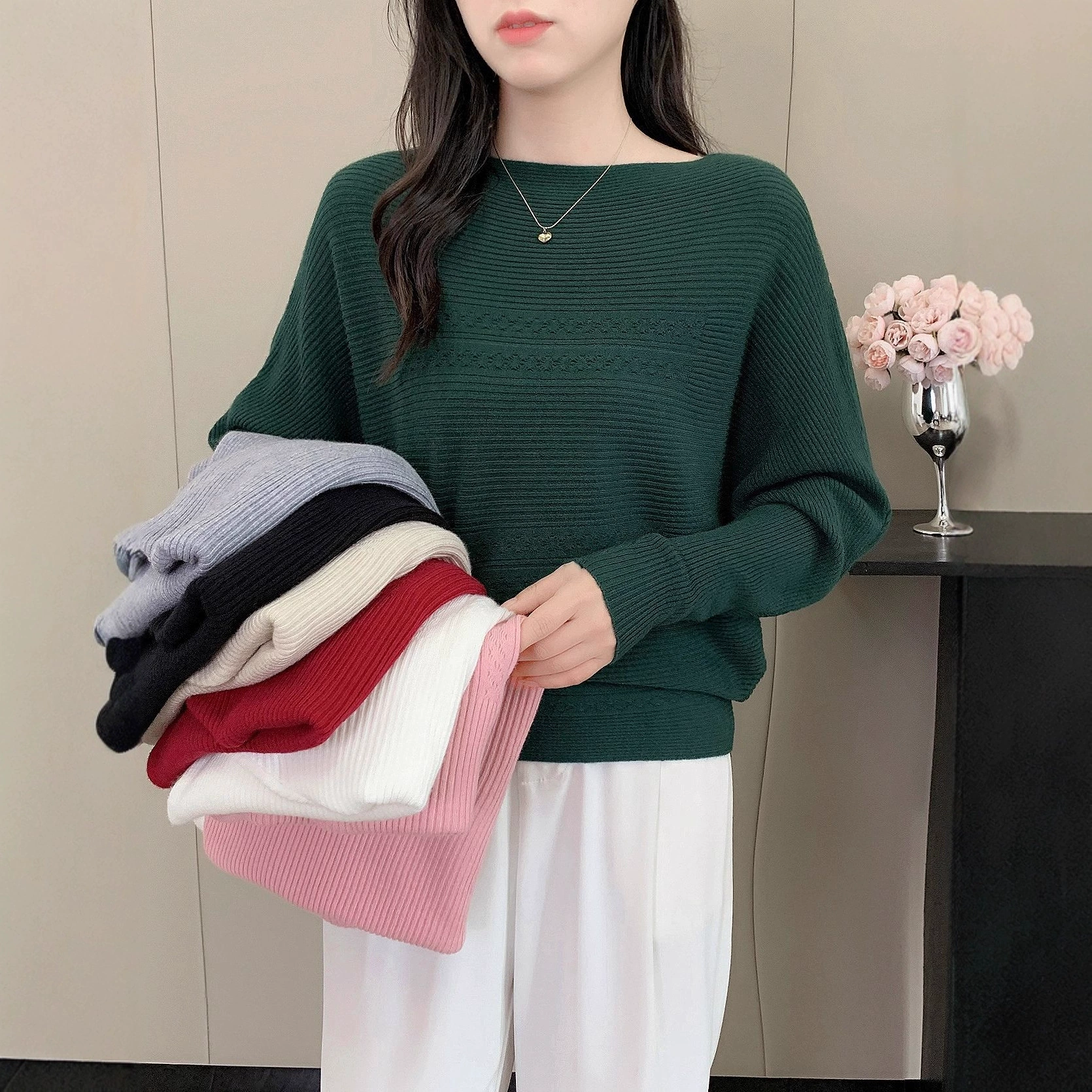 2024 весна и осень новый корейский свитер с воротником рыхлый тонкий короткий рукав летучей мыши вязаный нижний топ женский