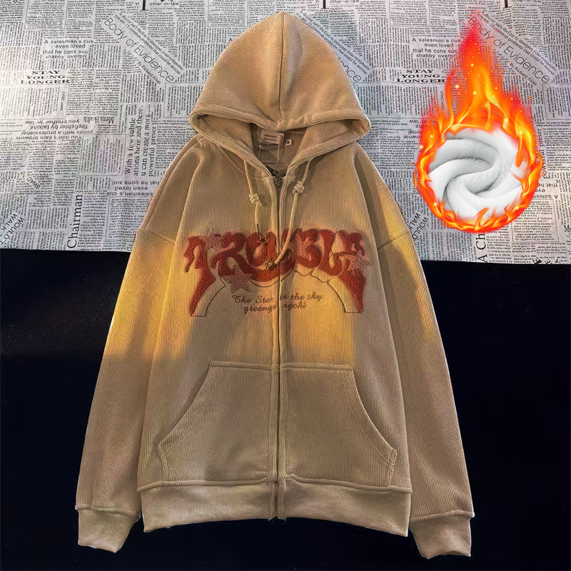 국경을 넘는 미국식 기모 두꺼운 빈티지 편지 자수 후드 카디건 스웨터 커플 루즈 후디 재킷