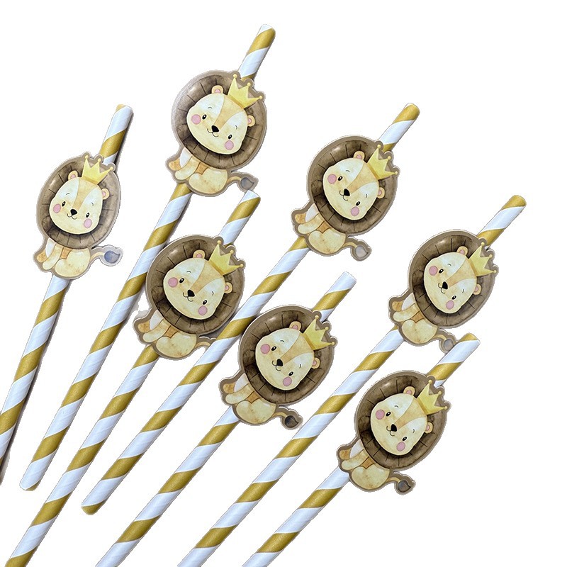 Jung Sen Animal temático tarjeta de león paja desechable postre fiesta decoración papel paja